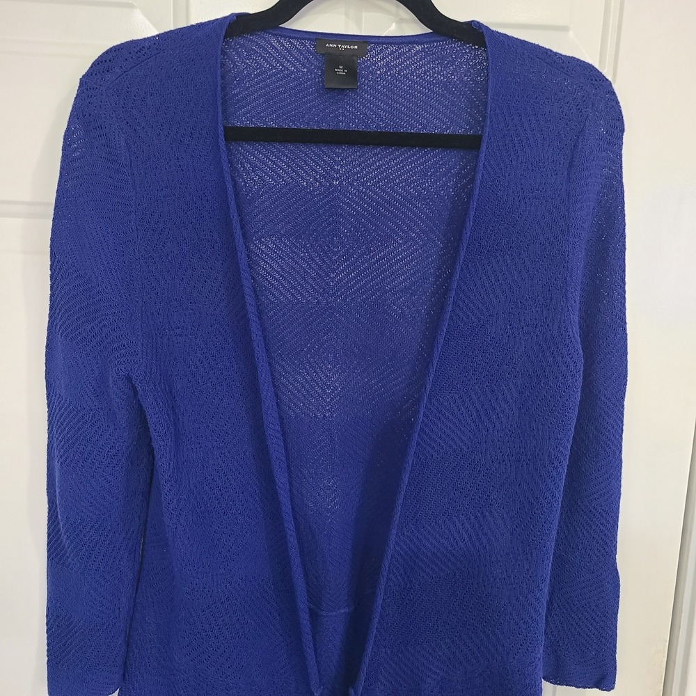 Women's Sweater-ANN TAYLOR-Royal Blue Stretch Open Lightweight Cardigan Medium - Picture 3 of 12
